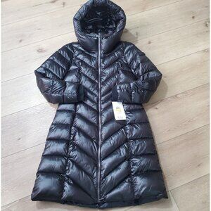 New DKNY Black Long Puffer Jacket Chevron Hood & Pockets Womens Medium $300